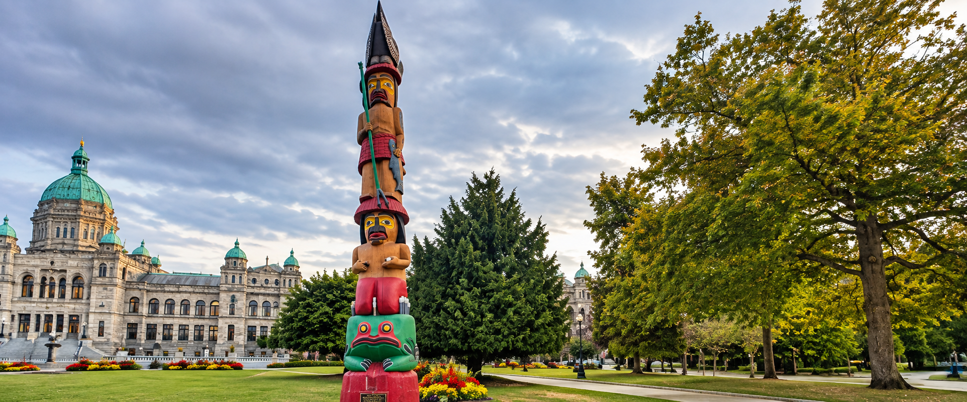 Indigenous totem pole near the British Columbia Parliament Buildings in Victoria BC